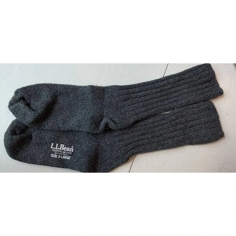 L.L. Bean Merino Wool Socks 10 in Crew Stretch XL Gray Ribbed Knit Heavy Duty
